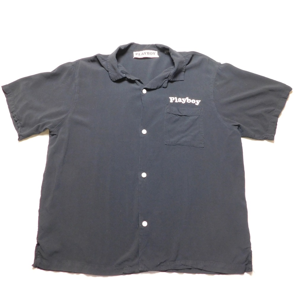 Playboy Pacsun Mens L Short Sleeve Button Down Shirt Black Embroidered Logo Camp
